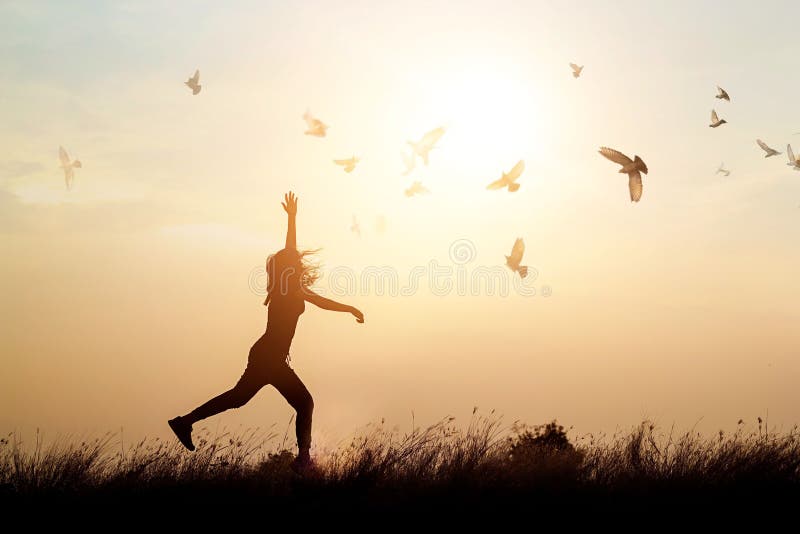 Pássaros da mulher e de voo que apreciam a vida na natureza no por do sol fotografia de stock Pássaros da mulher e de voo que apreciam a vida na natureza no por do sol fotografia de stock