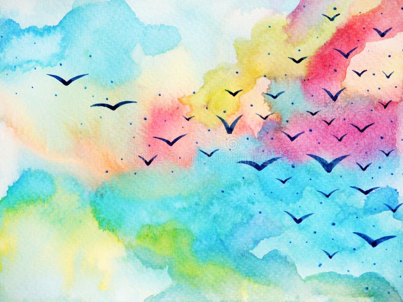 Pássaros livres que voam na ilustração fresca da pintura da aquarela do céu ilustração do vetor Pássaros livres que voam na ilustração fresca da pintura da aquarela do céu ilustração do vetor