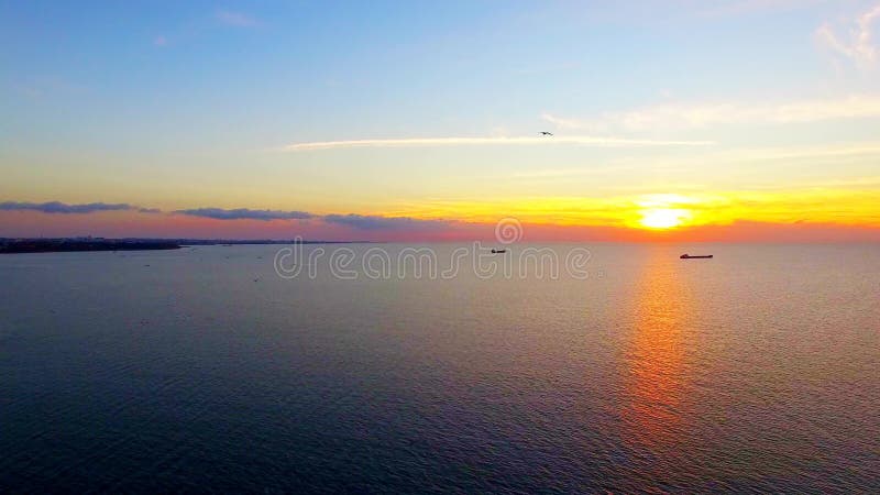 Pássaros que voam sobre o mar no por do sol