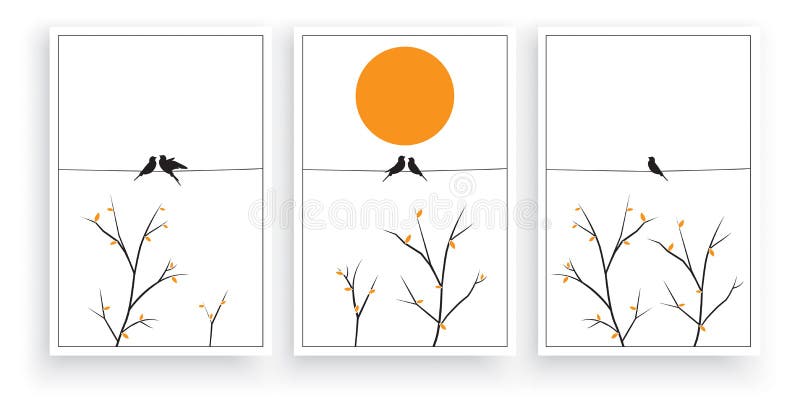 Pássaros silhuetas em arame no pôr do sol/nascer do sol com ramificações ilustradas, vetor Obras de arte minimalistas, três peças