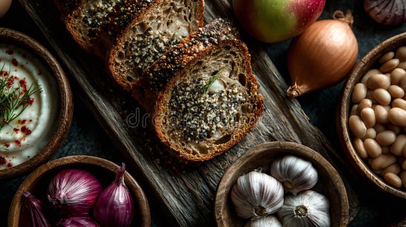 Pâine rustică multigranulată acoperită cu semințe asortate cuibărite pe placa de lemn, alături de ingrediente proaspete sănătoase stock illustration