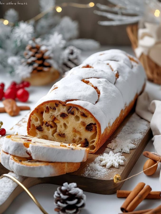 Pâinea tradițională tăiată, pudră de zahăr, servită pe o masă din lemn, în decorațiuni de vacanță și în faruri festive calde vector illustration