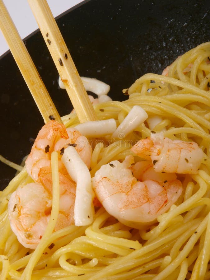 Seafood pasta. Close up in a freeing pan. Seafood pasta. Close up in a freeing pan