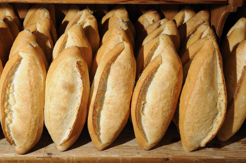 A row of neatly arranged golden bread. A row of neatly arranged golden bread
