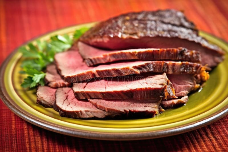 piled beef brisket slices on a colorful plate, created with generative ai AI generated. piled beef brisket slices on a colorful plate, created with generative ai AI generated