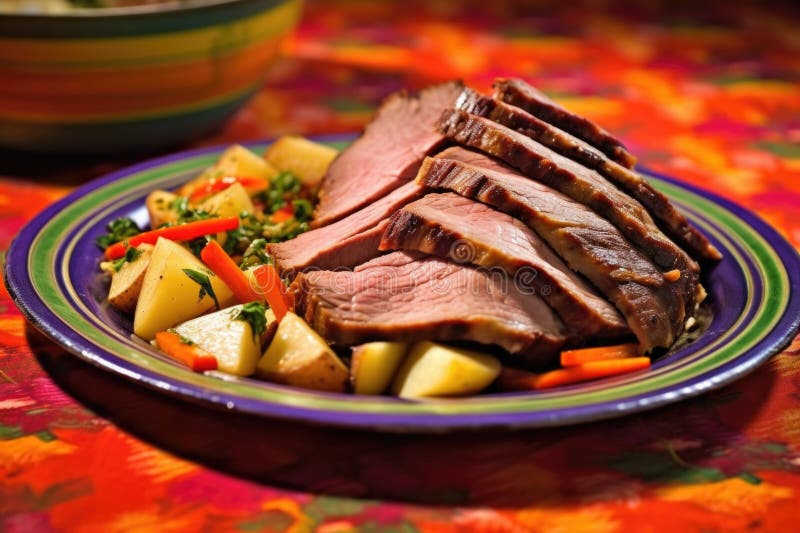 piled beef brisket slices on a colorful plate, created with generative ai AI generated. piled beef brisket slices on a colorful plate, created with generative ai AI generated