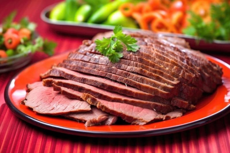 piled beef brisket slices on a colorful plate, created with generative ai AI generated. piled beef brisket slices on a colorful plate, created with generative ai AI generated