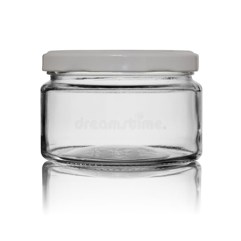 På burk den tomma kruset för exponeringsglas för mat stängt vid en räkning för vit metall med reflexion bakgrund isolerad white royaltyfri foto På burk den tomma kruset för exponeringsglas för mat stängt vid en räkning för vit metall med reflexion bakgrund isolerad white royaltyfri foto