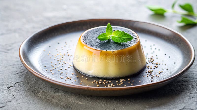 På en minimalistisk platta, small kuzu och svarta sesamflans med hasselnötsarom som innehåller garnerat med svarta sesamfrön a royaltyfri foto