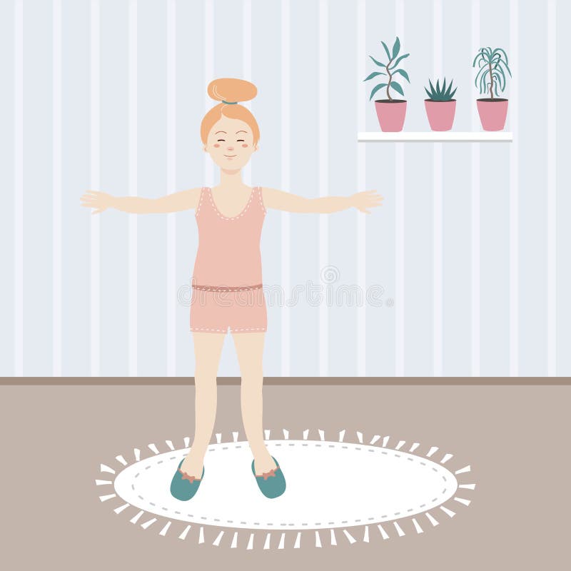 På morgonen gör flickan gymnastik. vektor illustrationer