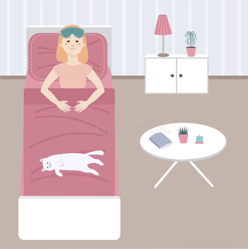På morgonen vaknade flickan upp och ligger i sängen bredvid katten. royaltyfri illustrationer