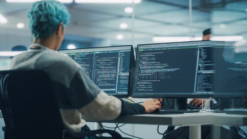 På olika kontor : kvinnlig programmerare arbetar med bildskärmsprogram för stationära datorer och kodningsspråk arkivfoto