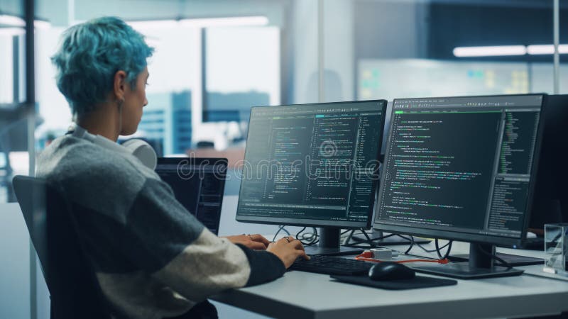 På olika kontor : kvinnlig programmerare arbetar med bildskärmsprogram för stationära datorer och kodningsspråk fotografering för bildbyråer