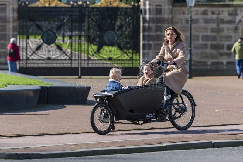 Dutch lady with sunglasses fetching two little blond girls to school on her dolly cargo bike, crossing the zebra crossing in The Hague city, Netherlands. Dutch lady with sunglasses fetching two little blond girls to school on her dolly cargo bike, crossing the zebra crossing in The Hague city, Netherlands.