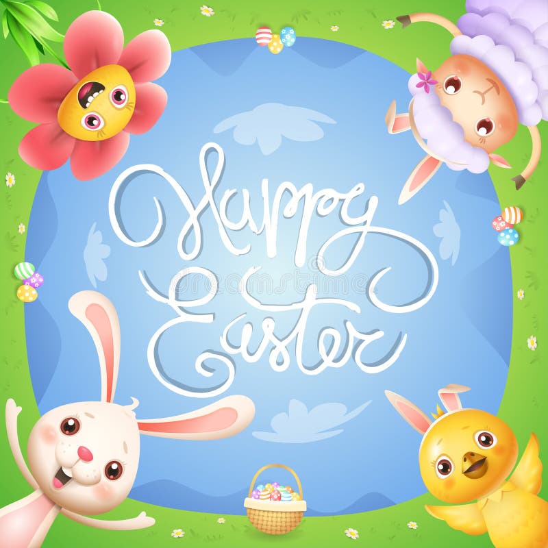 Påskhälsningkortet med kaninhönablomman och lammet på vårlandskap med easter ägg firar påsk - ner sikt stock illustrationer