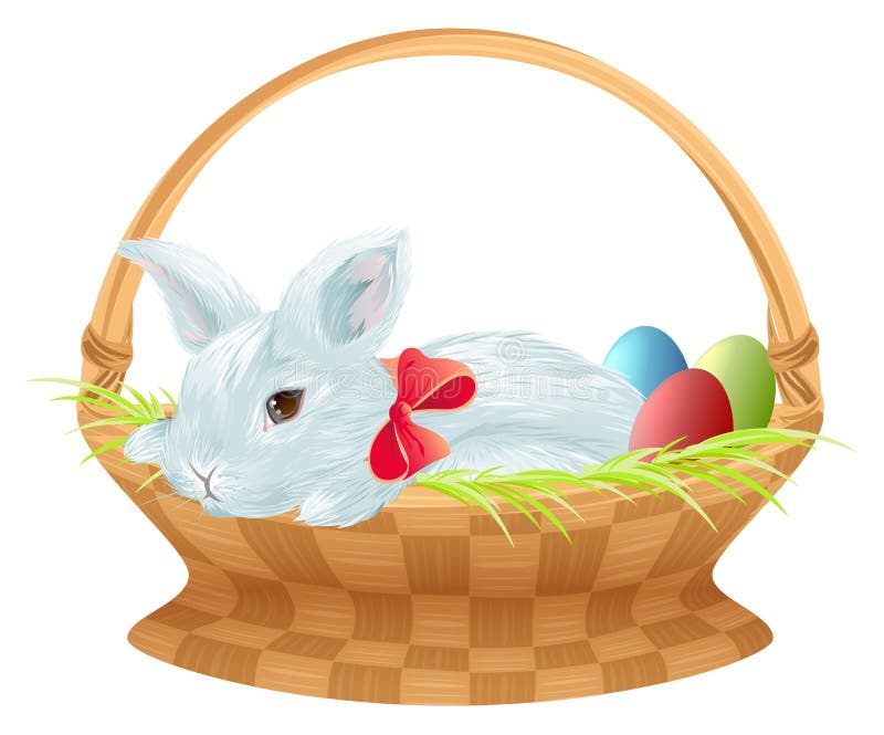 Påskkanin i vide- korg Gulligt sammanträde för easter kanin i korg med färgägg vektor illustrationer