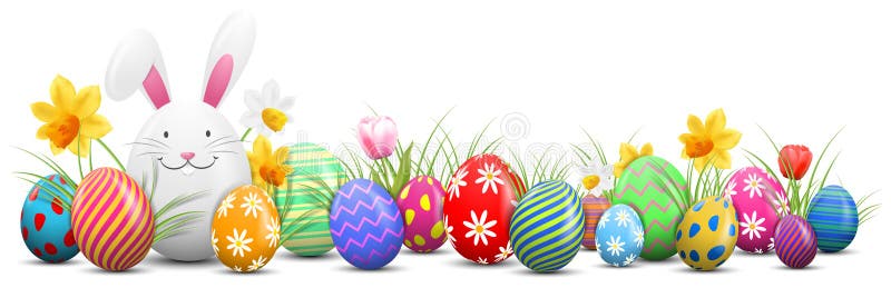 Påskkanin med målade isolerade easter ägg och blommor royaltyfri illustrationer