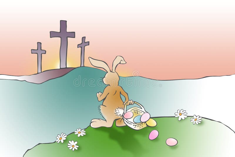 Påskkaninen konfronterar Christian Cross av Jesus royaltyfri illustrationer