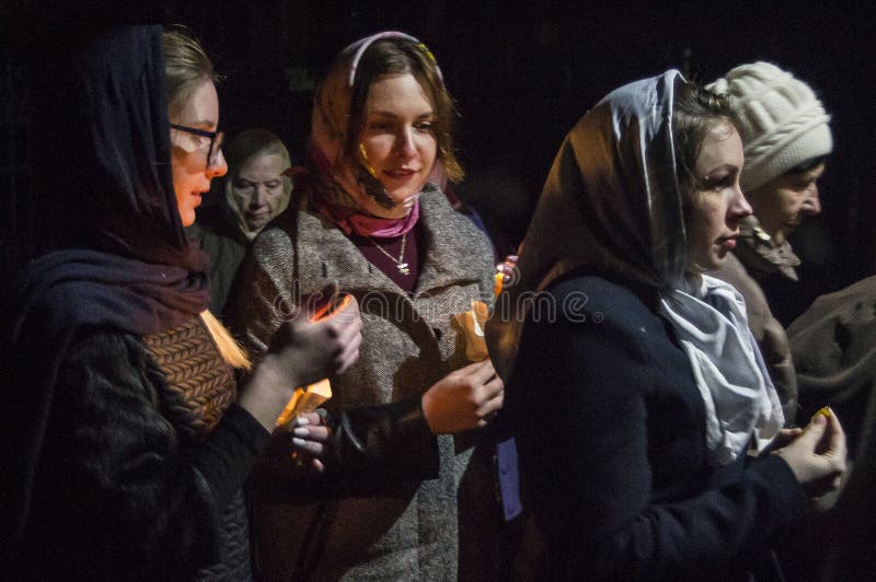 Easter service in the Orthodox Church in Kaluga region of Russia. Shot taken during the celebration of Orthodox Easter in 2017. Easter service in the Orthodox Church in Kaluga region of Russia. Shot taken during the celebration of Orthodox Easter in 2017.