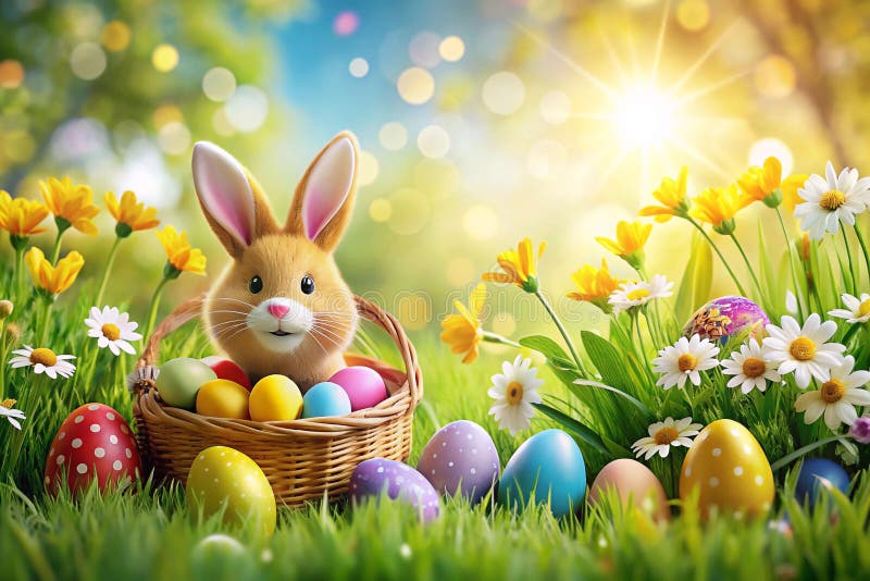Påskål i korg med färgade ägg och blommor vektor illustrationer