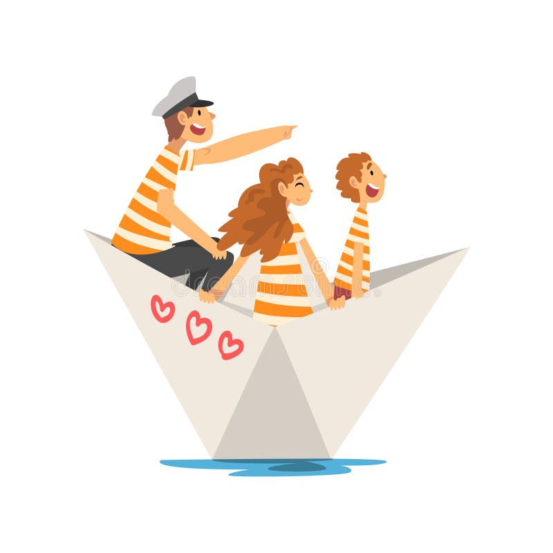 Père, mère et fils dans le canotage rayé blanc orange de T-shirts sur la rivière, le lac ou l'étang, vecteur de papier de bateau