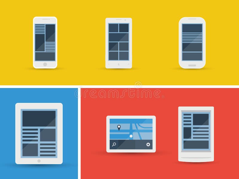 Vector illustration set of abstract simplistic user interface layout on different mobile devices. Isolated on yellow, blue and red background. Vector illustration set of abstract simplistic user interface layout on different mobile devices. Isolated on yellow, blue and red background.