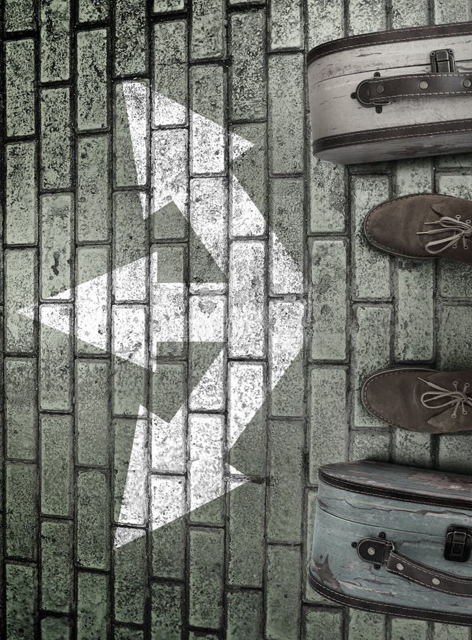 Man feet in suede boots. Vintage suitcases stand on paving stone road. White arrows point three different directions. Three option to make decision which way to go. Top view. Minimalist image. Man feet in suede boots. Vintage suitcases stand on paving stone road. White arrows point three different directions. Three option to make decision which way to go. Top view. Minimalist image