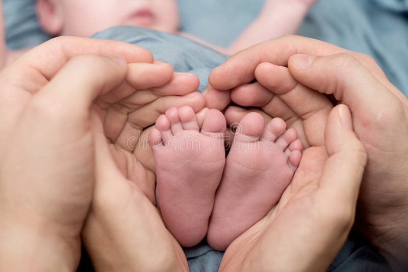 Pés de um bebê recém-nascido, dedos do pé nas mãos da mamã e do paizinho, mãos e pregos de uma criança, os primeiros dias da vida