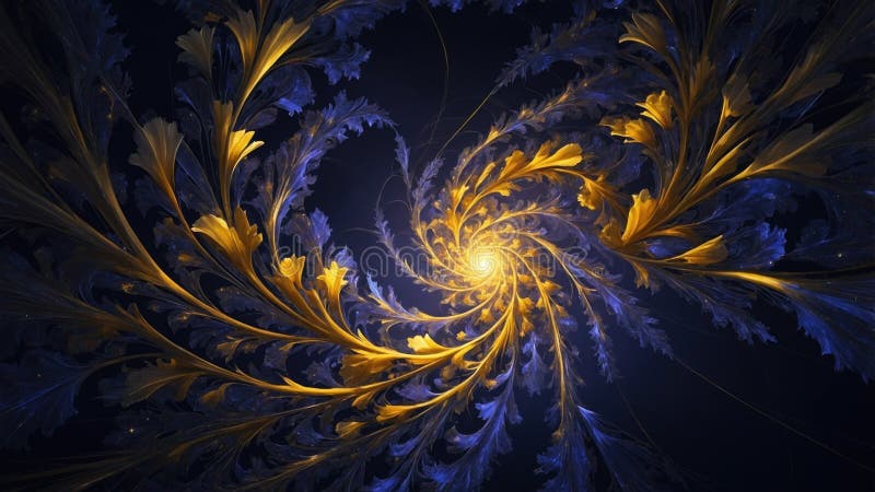 Pétalos fractales dorados que se curvan contra un fondo azul oscuro libre illustration