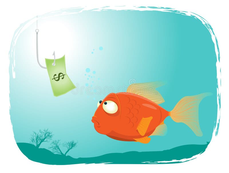 Illustration of a cartoon red fish looking at a dollar paper. Illustration of a cartoon red fish looking at a dollar paper