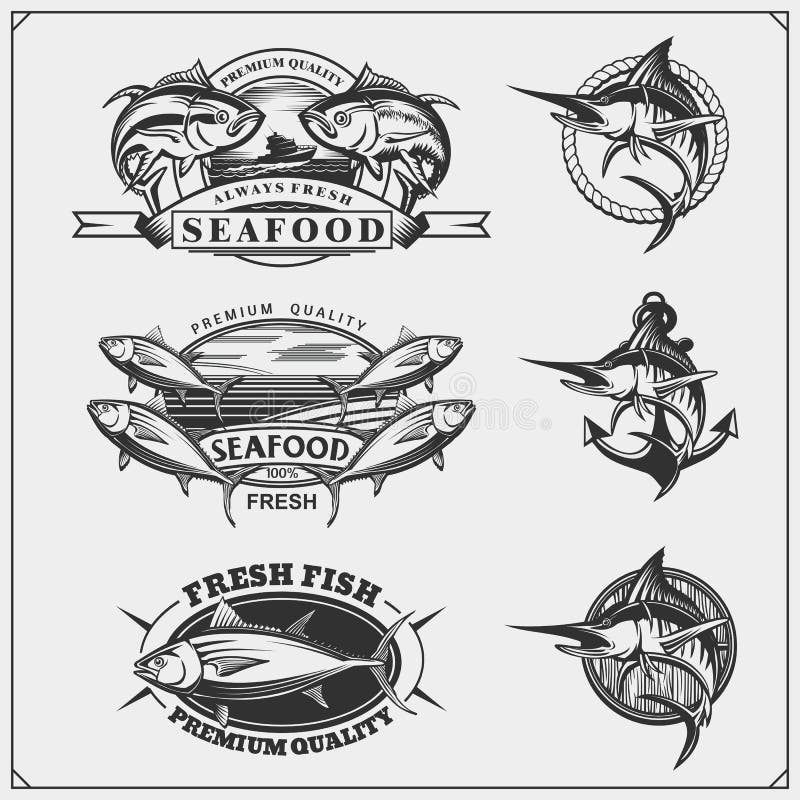 Pêche des labels, des insignes, des emblèmes et des éléments de conception Illustrations de thon et de Marlin illustration de vecteur Pêche des labels, des insignes, des emblèmes et des éléments de conception Illustrations de thon et de Marlin illustration de vecteur