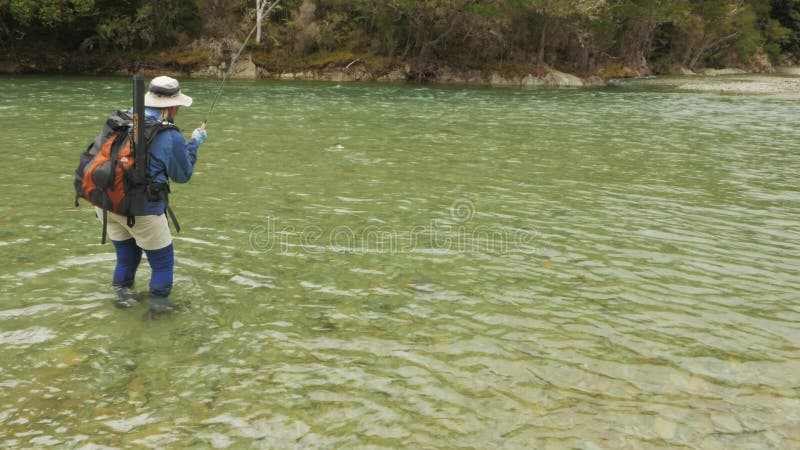 Pêcheur féminin à combattre une grosse truite sur une rivière en Nouvelle Zélande clips vidéos