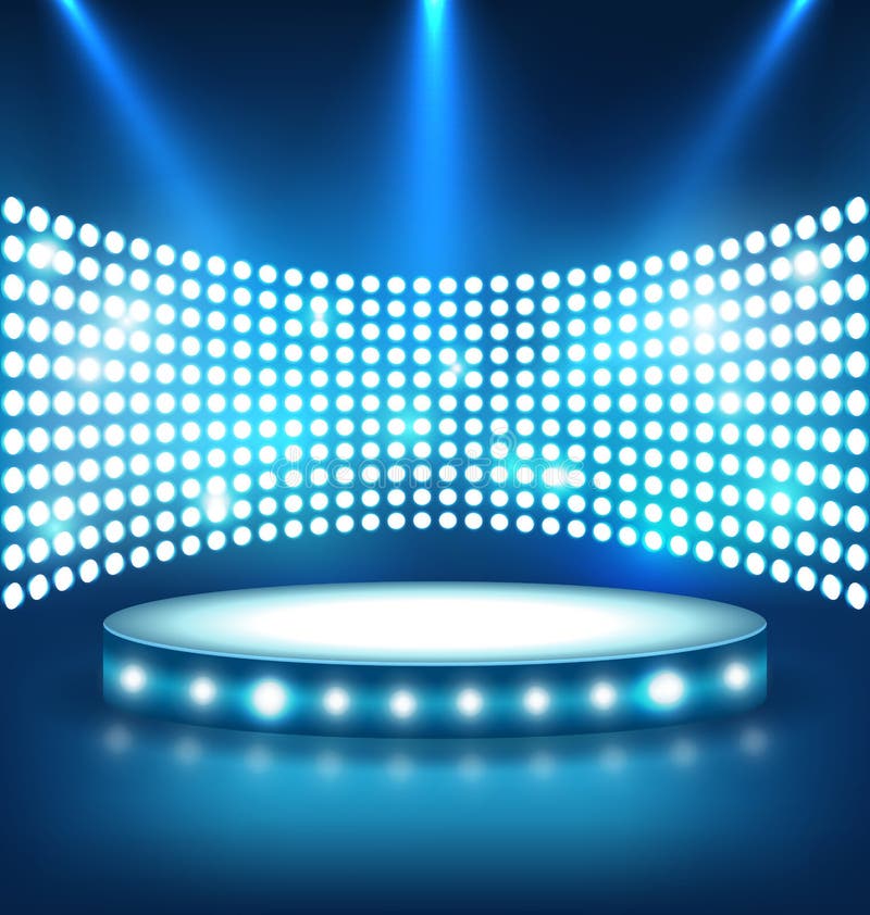 Pódio azul brilhante festivo iluminado da fase com luzes do ponto sobre ilustração stock Pódio azul brilhante festivo iluminado da fase com luzes do ponto sobre ilustração stock