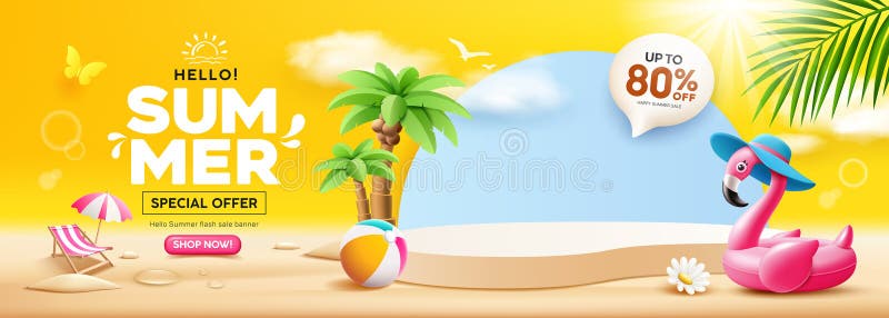 Pódio de venda de verão Pink flamingo inflável piscina coqueiros árvores de praia banner banner ilustração royalty free