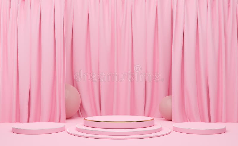 Pódio vazio com formas geométricas e cortina em composição pastel cor-de-rosa para exibição em palco moderno e mochila minimalist