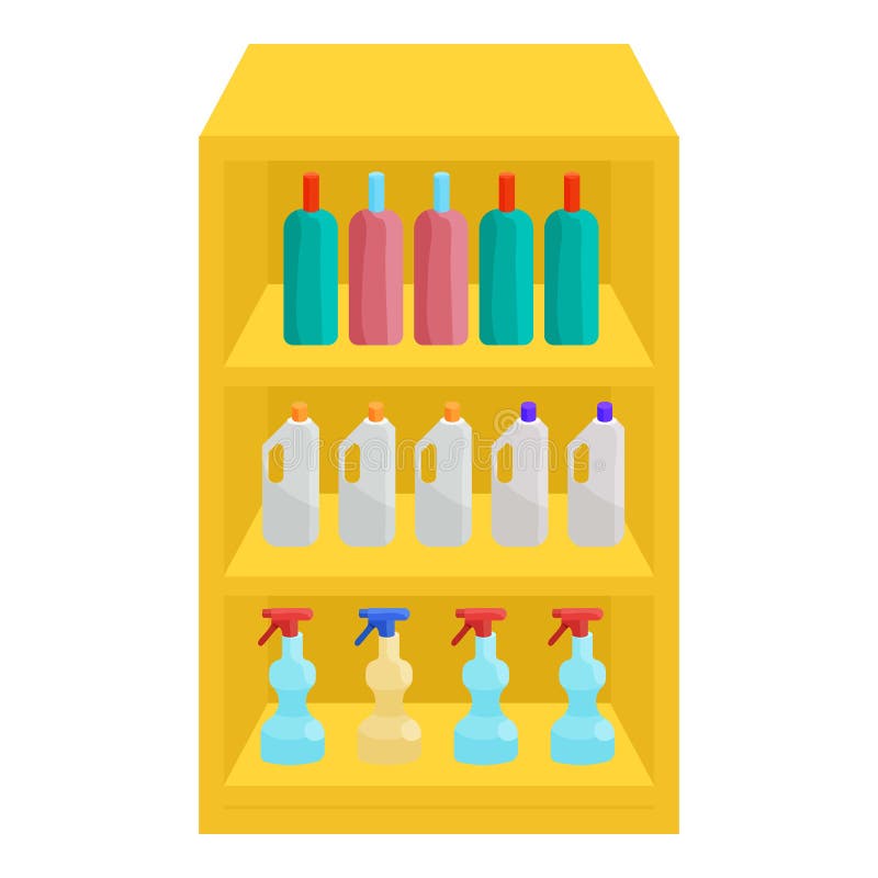 Półki w sklepie z substancjami chemicznymi ikony, kreskówka styl ilustracji Półki w sklepie z substancjami chemicznymi ikony, kreskówka styl ilustracji