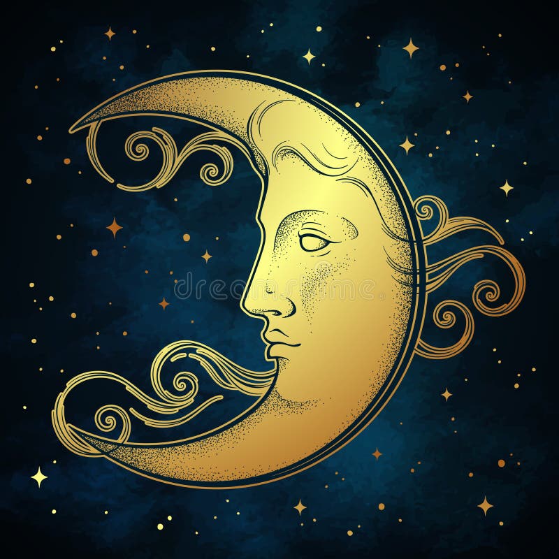 Półksiężyc księżyc i gwiazdy w antyka stylu wręczamy patroszoną kreskową sztukę i dotwork Boho modny tatuaż, plakat, ołtarzowa pr royalty ilustracja