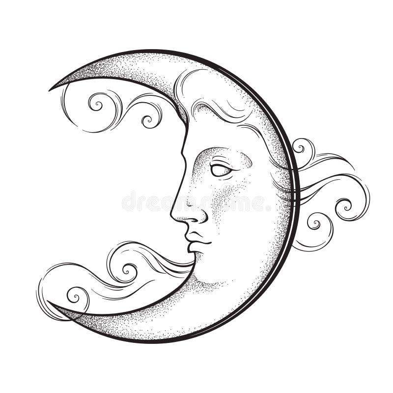 Półksiężyc księżyc z twarzą w antyka stylu kreskowej sztuce, ręka rysującym dotwork i Boho modny tatuaż, plakat, ołtarzowa przesł ilustracja wektor