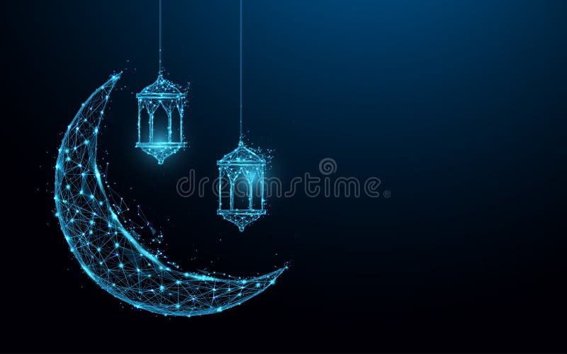 Crescent moon with hanging lamps Islamic Festival concept form lines and triangles, point connecting network on blue background. Illustration vector. Crescent moon with hanging lamps Islamic Festival concept form lines and triangles, point connecting network on blue background. Illustration vector