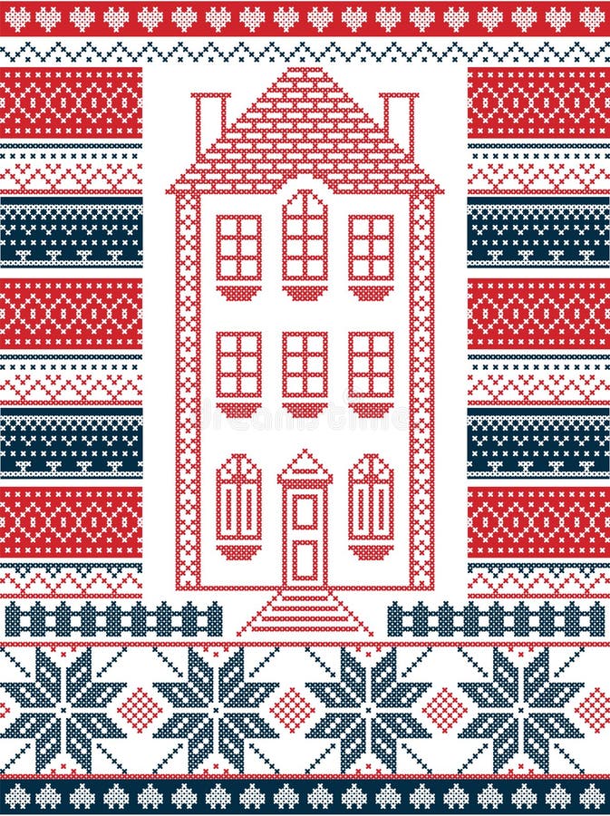 Północny styl i inspirujący Skandynawskich bożych narodzeń deseniową ilustracją w przecinającym ściegu z piernikowym domem ilustracji Północny styl i inspirujący Skandynawskich bożych narodzeń deseniową ilustracją w przecinającym ściegu z piernikowym domem ilustracji
