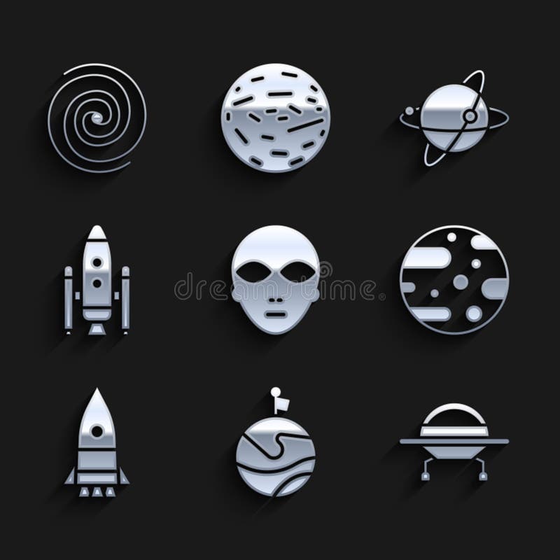 Set Alien Moon with flag UFO flying spaceship Planet Mars Rocket Space shuttle and rockets Satellites orbiting the planet Earth and Black hole icon. Vector. Set Alien Moon with flag UFO flying spaceship Planet Mars Rocket Space shuttle and rockets Satellites orbiting the planet Earth and Black hole icon. Vector.