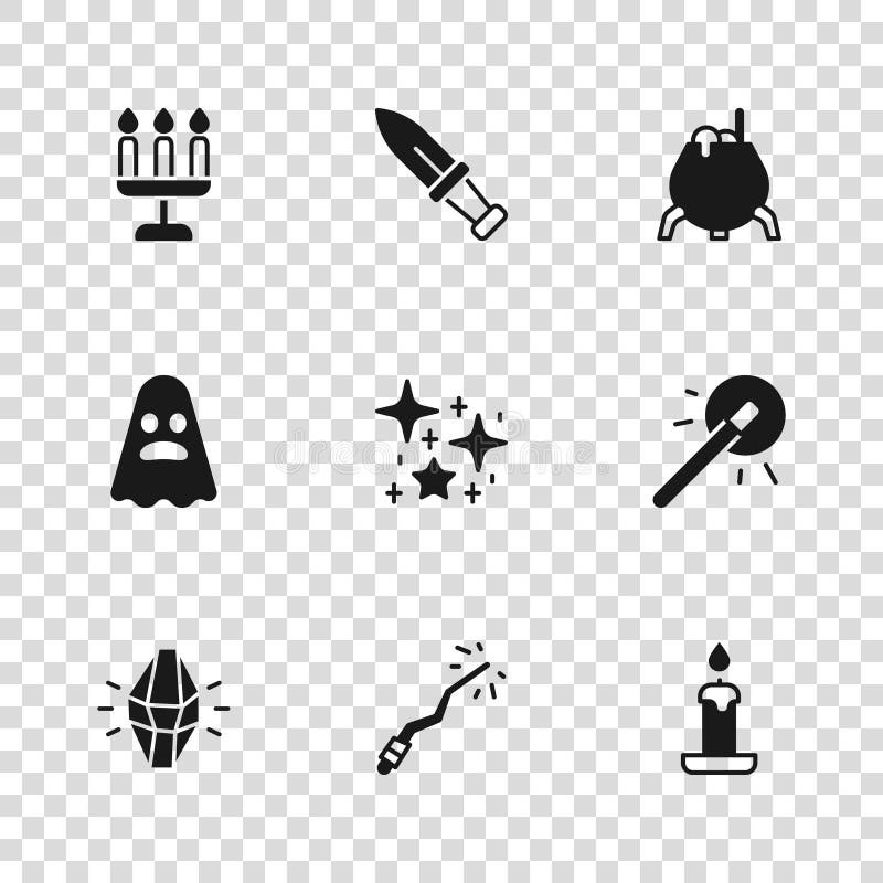 Set Magic wand Burning candle Magical glitter particles Witch cauldron Candlestick Dagger and Ghost icon. Vector. Set Magic wand Burning candle Magical glitter particles Witch cauldron Candlestick Dagger and Ghost icon. Vector.