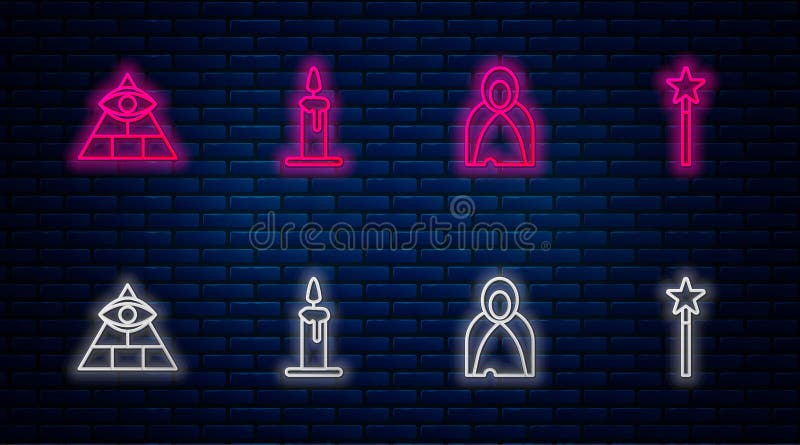 Set line Burning candle in candlestick, Mantle, cloak, cape, Masons and Magic wand. Glowing neon icon on brick wall. Vector. Set line Burning candle in candlestick, Mantle, cloak, cape, Masons and Magic wand. Glowing neon icon on brick wall. Vector.