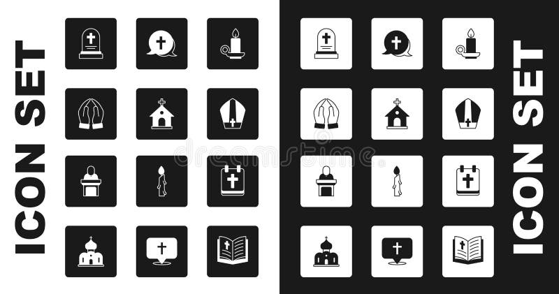 Set Burning candle in candlestick Church building Hands praying position Grave with tombstone Pope hat Christian cross Calendar Easter and pastor preaching icon. Vector. Set Burning candle in candlestick Church building Hands praying position Grave with tombstone Pope hat Christian cross Calendar Easter and pastor preaching icon. Vector.