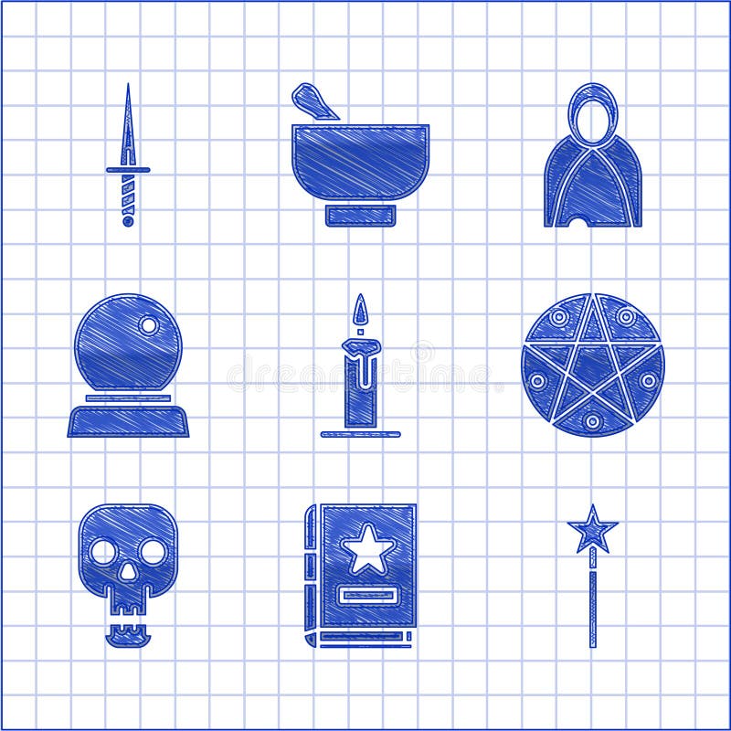 Set Burning candle in candlestick Ancient magic book Magic wand Pentagram circle Skull ball Mantle cloak cape and Dagger icon. Vector. Set Burning candle in candlestick Ancient magic book Magic wand Pentagram circle Skull ball Mantle cloak cape and Dagger icon. Vector.