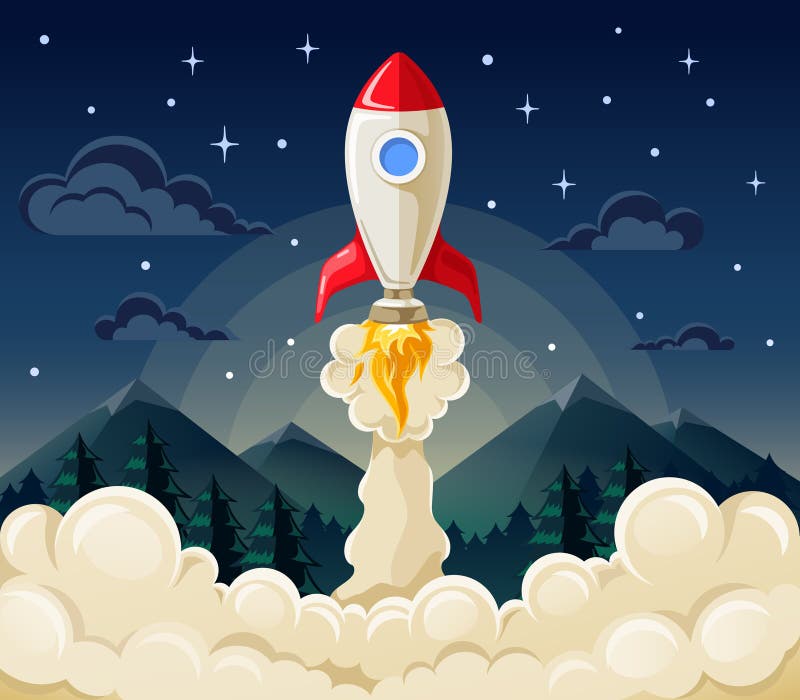 Flat vector illustration concept of space rocket ship startup on dark background of mountains and starry sky. Flat vector illustration concept of space rocket ship startup on dark background of mountains and starry sky.