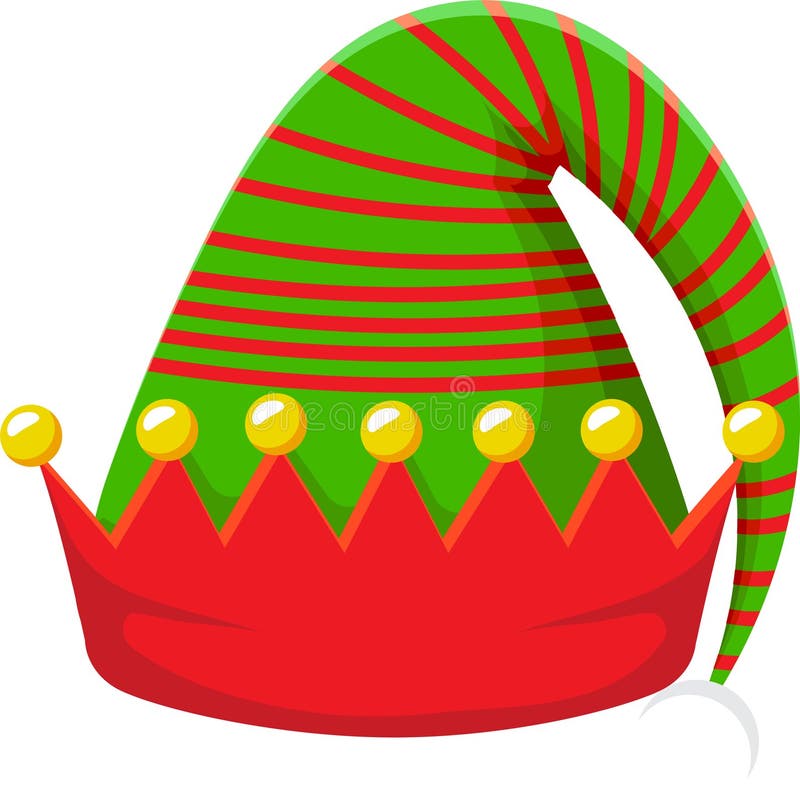 Pălărie de elf de Crăciun cu dungi vibrante, roșii și verzi, împodobite cu clopoței de aur, care adaugă un capriciu și festiv stock illustration