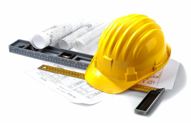 Pălărie tare izolată cu planuri și rigle royalty free stock image