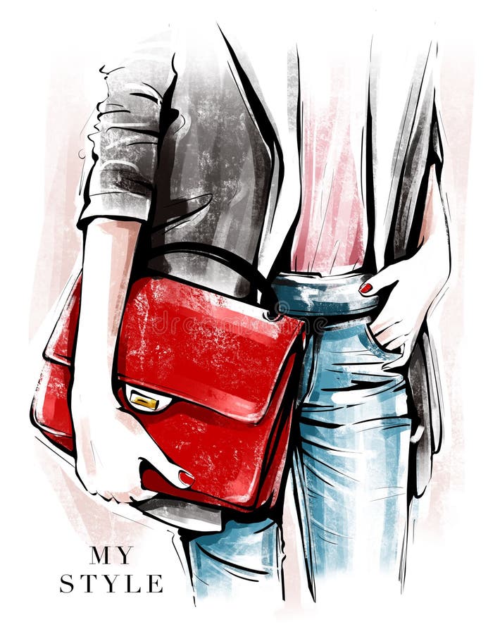 Părți ale corpului feminin trase manual în haine de modă. schiță aspect modă. fată elegantă care ține o geantă roșie. vector illustration