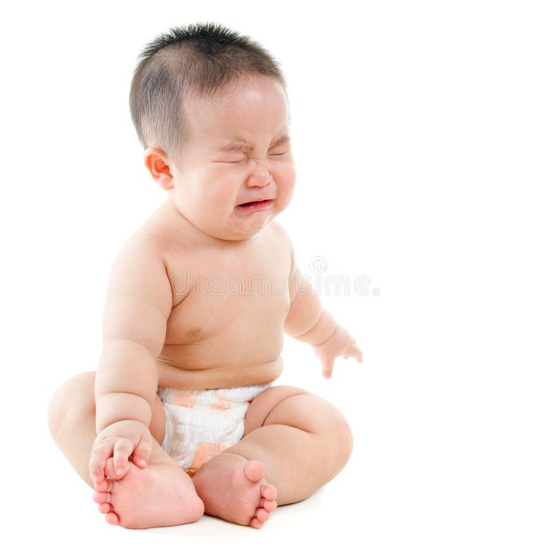 Full body upset Asian baby boy crying, sitting on white background. Full body upset Asian baby boy crying, sitting on white background